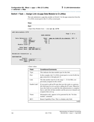 Page 200Configuration 5B:R8csi  R8r (2 C-LANs) 
 R8si 3  C-LAN Administration
Administration for Network Connectivity
CID: 77730 555-233-504 — Issue 1 — April 2000
180
Switch 1 Task — Assign Link via ppp Data Module to C-LAN(a)
This task administers a ppp data module on Switch 1 for the ppp connection from the 
C-LAN(b) circuit pack to the C-LAN(a) circuit pack.
Begin
Steps
> 
Open Data Module form — enter ad da 2378
> Enter values
add data-module 2378...