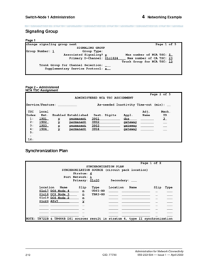 Page 230Switch-Node 1 Administration 4  Networking Example
Administration for Network Connectivity
CID: 77730 555-233-504 — Issue 1 — April 2000
210
Signaling Group
Page 1
Page 2 – Administered 
NCA TSC Assignment
Synchronization Plan
change signaling group next                             Page 1 of 5
                           SIGNALING GROUP
Group Number: 1
               Group Type:  
Associated Signaling? y          Max number of NCA TSC: 5_
                       Primary D-Channel: 01c1824 Max number of CA...