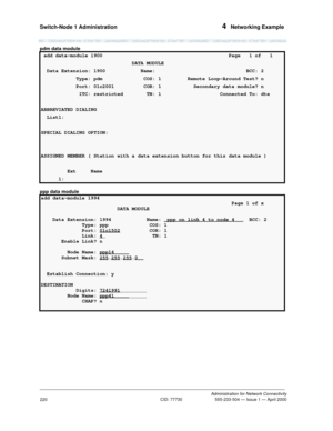 Page 240Switch-Node 1 Administration 4  Networking Example
Administration for Network Connectivity
CID: 77730 555-233-504 — Issue 1 — April 2000
220
pdm data module
ppp data module
add data-module 1900  Page   1 of   1 
                               DATA MODULE                                      
Data Extension: 1900 Name:                               BCC: 2
            Type: pdm              COS: 1         Remote Loop-Around Test? n
            Port: 01c2001  COR: 1           Secondary data module? n...