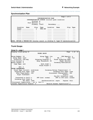 Page 243Switch-Node 2 Administration 
223
Administration for Network Connectivity
555-233-504— Issue 1 — April 2000 CID: 77730
4  Networking Example
Synchronization Plan
Trunk Goups
Group 12 — page 1
                                                             Page 1 of X
                                SYNCHRONIZATION PLAN
                   SYNCHRONIZATION SOURCE (circuit pack location)
                         Stratum: 4
                    Port Network: 1                         Primary: 01a10  Secondary:...