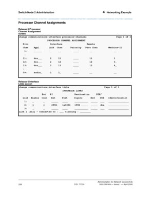 Page 246Switch-Node 2 Administration 4  Networking Example
Administration for Network Connectivity
CID: 77730 555-233-504 — Issue 1 — April 2000
226
Processor Channel Assignments
Release 6 Processor 
Channel Assignment 
screen
Release 6 Interface 
Links screen
change communications-interface processor-channels  Page 1 of 4
PROCESSOR CHANNEL ASSIGNMENT
Proc Interface Remote
Chan  Appl.  Link  Chan  Priority  Proc Chan  Machine-ID
1: ______ _ __  ____  __ __
:
11: dcs___ 2 11  ____  11 1
12: dcs___ 2 12  ____  12...