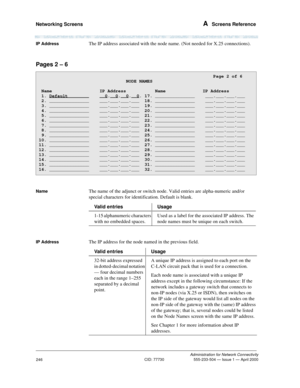 Page 266Networking Screens A  Screens Reference
Administration for Network Connectivity
CID: 77730 555-233-504 — Issue 1 — April 2000
246
IP AddressThe IP address associated with the node name. (Not needed for X.25 connections).
Pages 2 – 6
NameThe name of the adjunct or switch node. Valid entries are alpha-numeric and/or 
special characters for identification. Default is blank.
IP AddressThe IP address for the node named in the previous field....