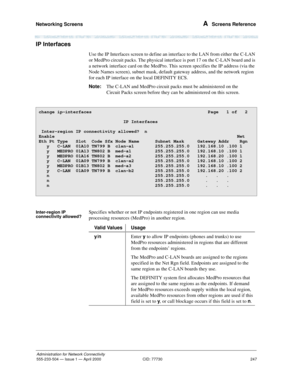 Page 267Networking Screens 
247
Administration for Network Connectivity
555-233-504— Issue 1 — April 2000 CID: 77730
A  Screens Reference
IP Interfaces 
Use the IP Interfaces screen to define an interface to the LAN from either the C-LAN 
or MedPro circuit packs. The physical interface is port 17 on the C-LAN board and is 
a network interface card on the MedPro. This screen specifies the IP address (via the 
Node Names screen), subnet mask, default gateway address, and the network region 
for each IP interface...