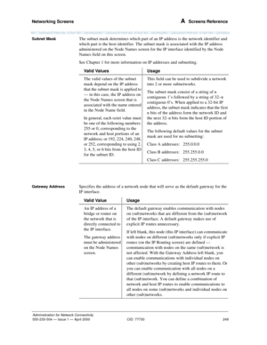 Page 269Networking Screens 
249
Administration for Network Connectivity
555-233-504— Issue 1 — April 2000 CID: 77730
A  Screens Reference
Subnet MaskThe subnet mask determines which part of an IP address is the network identifier and 
which part is the host identifier. The subnet mask is associated with the IP address 
administered on the Node Names screen for the IP interface identified by the Node 
Names field on this screen.
See Chapter 1 for more information on IP addresses and subnetting.
Gateway...