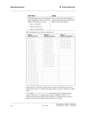 Page 284Networking Screens A  Screens Reference
Administration for Network Connectivity
CID: 77730 555-233-504 — Issue 1 — April 2000
264
The valid subnets for each Class of address are:
Notice that all 5 valid Class C subnet masks can also be valid Class B or Class A 
subnet masks, and all 13 valid Class B subnet masks can also be valid Class A subnet 
masks.
For example, 
255.255.255.224 is a valid subnet mask for all three address 
classes. It allows 6 (2
3-2) subnetworks for Class C addresses, 2046 (211-2)...