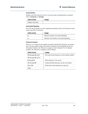 Page 301Networking Screens 
281
Administration for Network Connectivity
555-233-504— Issue 1 — April 2000 CID: 77730
A  Screens Reference
Group Number
Display-only field when the screen is accessed using an administration command 
such as display or change.
Associated Signaling
For FAS, the D-channel can carry signaling information only for B-channels located 
on the same DS1 circuit pack.
Primary D-channel
Enter a 6- to 7-character port number associated with the DS1 Interface circuit pack 
port. The port...