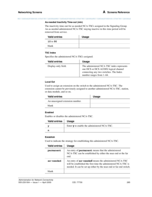 Page 305Networking Screens 
285
Administration for Network Connectivity
555-233-504— Issue 1 — April 2000 CID: 77730
A  Screens Reference
As-needed Inactivity Time-out (min)
The inactivity time-out for as-needed NCA-TSCs assigned in the Signaling Group. 
An as-needed administered NCA-TSC staying inactive in this time period will be 
removed from service.
TSC Index
Specifies the administered NCA-TSCs assigned. 
Local Ext 
Used to assign an extension on the switch to the administered NCA-TSC. The 
extension cannot...