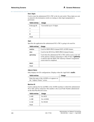 Page 306Networking Screens A  Screens Reference
Administration for Network Connectivity
CID: 77730 555-233-504 — Issue 1 — April 2000
286
Dest. Digits
Used to route the administered NCA-TSC to the far end switch. These digits are sent 
as entered to the destination switch; no routing or other digit manipulation is 
performed.
Appl.
Specifies the application this administered NCA-TSC is going to be used for.
Adjunct Name
Only displays for G3r configurations. Displays when the Appl field is audix.
Machine ID
Used...