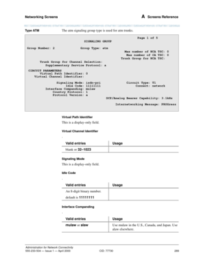 Page 309Networking Screens 
289
Administration for Network Connectivity
555-233-504— Issue 1 — April 2000 CID: 77730
A  Screens Reference
Ty p e  AT MThe atm signaling group type is used for atm trunks.
Virtual Path Identifier
This is a display-only field.
Virtual Channel Identifier
.
Signaling Mode
This is a display-only field.
Idle Code
.
Interface Companding
.
                                                            Page 1 of 5
                            SIGNALING GROUP
Group Number: 2              Group...