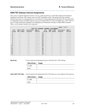 Page 311Networking Screens 
291
Administration for Network Connectivity
555-233-504— Issue 1 — April 2000 CID: 77730
A  Screens Reference
ISDN TSC Gateway Channel Assignments
This screen is required when the switch is to act as a gateway between a switch that supports the Temporary 
Signaling Connections (TSC) feature and a non-TSC-compatible switch. The gateway provides interface 
protocols necessary for communications to exist between a switch administered with Non-Call Associated TSCs 
in a Signaling Group on...