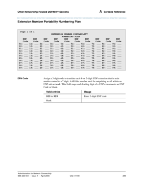 Page 319Other Networking-Related DEFINITY Screens 
299
Administration for Network Connectivity
555-233-504— Issue 1 — April 2000 CID: 77730
A  Screens Reference
Extension Number Portability Numbering Plan
EPN CodeAssign a 3-digit code to translate each 4- or 5-digit UDP extension that is node 
number routed to a 7 digit, AAR-like number used for outpulsing a call within an 
ENP sub network. This field maps each leading digit of a UDP extension to an ENP 
Code or blank
.
 Page 1 of 1...