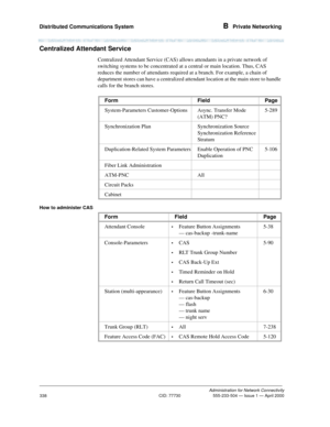 Page 358Distributed Communications System B  Private Networking
Administration for Network Connectivity
CID: 77730 555-233-504 — Issue 1 — April 2000
338
Centralized Attendant Service
Centralized Attendant Service (CAS) allows attendants in a private network of 
switching systems to be concentrated at a central or main location. Thus, CAS 
reduces the number of attendants required at a branch. For example, a chain of 
department stores can have a centralized attendant location at the main store to handle 
calls...