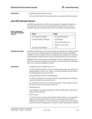 Page 367Distributed Communications System 
347
Administration for Network Connectivity
555-233-504— Issue 1 — April 2000 CID: 77730
B  Private Networking
Interactions•Distributed Communications System
If you use DCS, the ENP node numbers must correspond to DCS node numbers.
Inter-PBX Attendant Service
Inter-PBX Attendant Service (IAS) allows attendants for multiple branches to be 
concentrated at a main location. Incoming trunk calls to the branch, as well as 
attendant-seeking voice-terminal calls, route over...