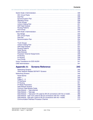 Page 5 Contents
vAdministration for Network Connectivity555-233-504— Issue 1 — April 2000 CID: 77730
Switch-Node 3 Administration. . . . . . . . . . . . . . . . . . . . . . . . . . . . . . . . . . . . . . . . . . . . . . . . .  228
DS1 Circuit Packs   .  .  .  .  .  .  .  .  .  .  .  .  .  .  .  .  .  .  .  .  .  .  .  .  .  .  .  .  .  .  .  .  .  .  .  .  . 228
Dial Plan  .  .  .  .  .  .  .  .  .  .  .  .  .  .  .  .  .  .  .  .  .  .  .  .  .  .  .  .  .  .  .  .  .  .  .  .  .  .  .  .  .  . 228...