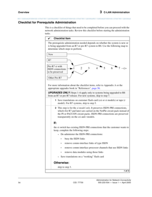 Page 74Overview 3  C-LAN Administration
Administration for Network Connectivity
CID: 77730 555-233-504 — Issue 1 — April 2000
54
Checklist for Prerequisite Administration
This is a checklist of things that need to be completed before you can proceed with the 
network administration tasks. Review this checklist before starting the administration 
tasks. 
4Checklist Item
The prerequisite administration needed depends on whether the system is new or 
is being upgraded from an R7 or pre-R7 system to R8. Use the...