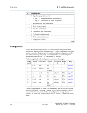 Page 76Overview 3  C-LAN Administration
Administration for Network Connectivity
CID: 77730 555-233-504 — Issue 1 — April 2000
56
Configurations
The task descriptions are presented in six relatively simple configurations. Each 
configuration describes how to administer either a 2-switch connection or a 3-switch 
gateway connection. The procedures for administering these configurations can be 
used either individually or in groups as “building blocks” for constructing most 
networks involving DEFINITY ECS R8 and...