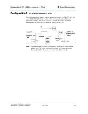 Page 93Configuration 2: R7r (+CMS)  R7csi 
73
Administration for Network Connectivity
555-233-504— Issue 1 — April 2000 CID: 77730
3  C-LAN Administration
Configuration 2: R7r (+CMS)  R7csi 
This configuration is a 10BaseT ethernet connection between a DEFINITY ECS R8r 
and a DEFINITY ECS R8csi switch in a DCS network, which includes routers 
between the switches. The R8r is connected to a CMS adjunct (the DEFINITY 
administration for Intuity AUDIX would be similar) via the LAN. 
Note:This network has 5 IP...