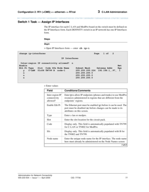 Page 97Configuration 2: R7r (+CMS)  R7csi 
77
Administration for Network Connectivity
555-233-504— Issue 1 — April 2000 CID: 77730
3  C-LAN Administration
Switch 1 Task — Assign IP Interfaces
The IP interface for each C-LAN and MedPro board on the switch must be defined on 
the IP Interfaces form. Each DEFINITY switch in an IP network has one IP Interfaces 
form.
Begin
Steps
> Open IP Interfaces form — enter  ch ip-i
> Enter values
change ip-interfaces  Page   1 of   2 
IP Interfaces
Inter-region IP...