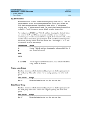 Page 1028DEFINITY ECS Release 8.2
Administrator’s Guide  555-233-506  Issue 1.1
June 2000
Screen reference 
1004 Trunk Group 
17
Sig Bit Inversion
When transmission facilities use bit-oriented signaling (such as CAS), 2 bits are 
used to transmit seizure and release signals for calls. Called the A-bit and the 
B-bit, their meaning can vary. For example, in the A-bit a “1” might mean 
on-hook and a “0” might mean off-hook. The entry in the Country Protocol field 
on the DS1 Circuit Pack screen sets the default...