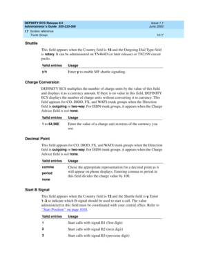 Page 1041DEFINITY ECS Release 8.2
Administrator’s Guide  555-233-506  Issue 1.1
June 2000
Screen reference 
1017 Trunk Group 
17
Shuttle
This field appears when the Country field is 
15 and the Outgoing Dial Type field 
is
 rotary. It can be administered on TN464D (or later release) or TN2199 circuit 
packs.
Charge Conversion
DEFINITY ECS multiplies the number of charge units by the value of this field 
and displays it as a currency amount. If there is no value in this field, DEFINITY 
ECS displays the number of...