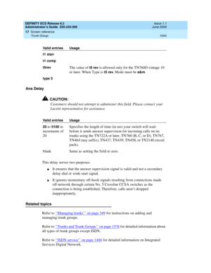 Page 1068DEFINITY ECS Release 8.2
Administrator’s Guide  555-233-506  Issue 1.1
June 2000
Screen reference 
1044 Trunk Group 
17
Ans Delay
!CAUTION:
Customers should not attempt to administer this field. Please contact your 
Lucent representative for assistance
This delay serves two purposes:
nIt ensures that the answer supervision signal is valid and not a secondary 
delay-dial or wink-start signal.
nIt ignores momentary off-hook signals resulting from connections made 
off-network through certain No. 5 Crossbar...