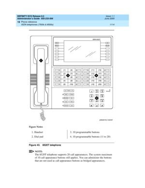 Page 1138DEFINITY ECS Release 8.2
Administrator’s Guide  555-233-506  Issue 1.1
June 2000
Phone reference 
1114 ISDN telephones (7500s & 8500s) 
19
Figure 43. 8520T telephone
NOTE:
The 8520T telephone supports 20 call appearances. The system maximum 
of 10 call appearance buttons still applies. You can administer the buttons 
that are not used as call appearance buttons as bridged appearances.
Figure Notes
1. Handset
2. Dial pad3. 10 programmable buttons
4. 10 programmable buttons (11 to 20) 