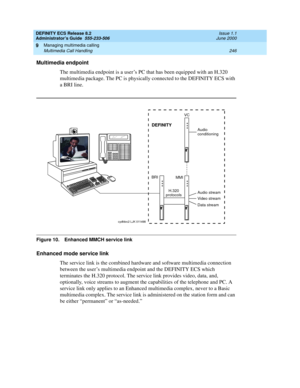 Page 270DEFINITY ECS Release 8.2
Administrator’s Guide  555-233-506  Issue 1.1
June 2000
Managing multimedia calling 
246 Multimedia Call Handling 
9
Multimedia endpoint
The multimedia endpoint is a user’s PC that has been equipped with an H.320 
multimedia package. The PC is physically connected to the DEFINITY ECS with 
a BRI line.
Figure 10. Enhanced MMCH service link 
Enhanced mode service link
The service link is the combined hardware and software multimedia connection 
between the user’s multimedia...