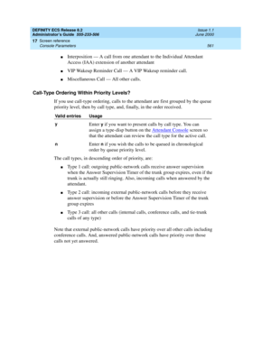 Page 585DEFINITY ECS Release 8.2
Administrator’s Guide  555-233-506  Issue 1.1
June 2000
Screen reference 
561 Console Parameters 
17
nInterposition — A call from one attendant to the Individual Attendant 
Access (IAA) extension of another attendant
nVIP Wakeup Reminder Call — A VIP Wakeup reminder call.
nMiscellaneous Call — All other calls.
Call-Type Ordering Within Priority Levels? 
If you use call-type ordering, calls to the attendant are first grouped by the queue 
priority level, then by call type, and,...