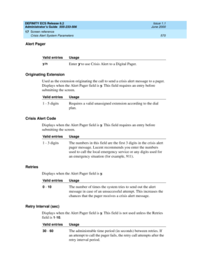 Page 594DEFINITY ECS Release 8.2
Administrator’s Guide  555-233-506  Issue 1.1
June 2000
Screen reference 
570 Crisis Alert System Parameters 
17
Alert Pager
Originating Extension
Used as the extension originating the call to send a crisis alert message to a pager. 
Displays when the Alert Pager field is 
y. This field requires an entry before 
submitting the screen.
Crisis Alert Code
Displays when the Alert Pager field is 
y. This field requires an entry before 
submitting the screen.
Retries
Displays when the...