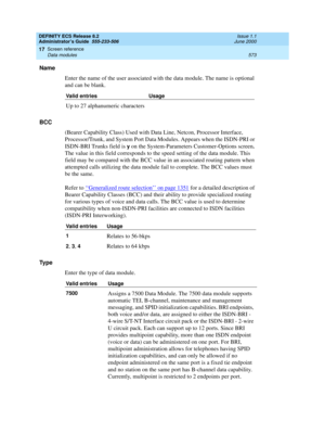 Page 597DEFINITY ECS Release 8.2
Administrator’s Guide  555-233-506  Issue 1.1
June 2000
Screen reference 
573 Data modules 
17
Name
Enter the name of the user associated with the data module. The name is optional 
and can be blank.
BCC
(Bearer Capability Class) Used with Data Line, Netcon, Processor Interface, 
Processor/Trunk, and System Port Data Modules. Appears when the ISDN-PRI or 
ISDN-BRI Trunks field is 
y on the System-Parameters Customer-Options screen. 
The value in this field corresponds to the...