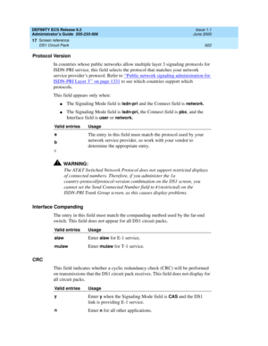 Page 646DEFINITY ECS Release 8.2
Administrator’s Guide  555-233-506  Issue 1.1
June 2000
Screen reference 
622 DS1 Circuit Pack 
17
Protocol Version
In countries whose public networks allow multiple layer 3 signaling protocols for 
ISDN-PRI service, this field selects the protocol that matches your network 
service provider’s protocol. Refer to ‘‘
Public network signaling administration for 
ISDN-PRI Layer 3’’ on page 1331 to see which countries support which 
protocols.
This field appears only when:
nThe...