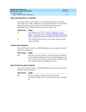 Page 695DEFINITY ECS Release 8.2
Administrator’s Guide  555-233-506  Issue 1.1
June 2000
Screen reference 
671 Feature-Related System Parameters 
17
Allow ANI Restriction on AAR/ARS
(For Russia only) If a call is placed over a Russian shuttle trunk or a Russian 
rotary trunk via an AAR or ARS entry with the ANI Req field set to 
r, then ANI is 
requested just like a 
y entry. However, if the ANI request fails, the call 
immediately drops. All other trunk types treat the 
r entry as a y.
Transfer Upon Hang-Up...