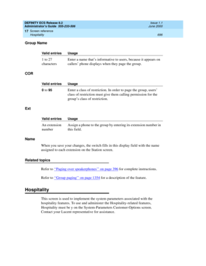 Page 720DEFINITY ECS Release 8.2
Administrator’s Guide  555-233-506  Issue 1.1
June 2000
Screen reference 
696 Hospitality 
17
Group Name 
COR
Ext
Name
When you save your changes, the switch fills in this display field with the name 
assigned to each extension on the Station screen.
Related topics
Refer to ‘‘
Paging over speakerphones’’ on page 396 for complete instructions.
Refer to ‘‘
Group paging’’ on page 1354 for a description of the feature.
Hospitality
This screen is used to implement the system...