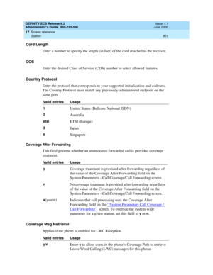 Page 925DEFINITY ECS Release 8.2
Administrator’s Guide  555-233-506  Issue 1.1
June 2000
Screen reference 
901 Station 
17
Cord Length
Enter a number to specify the length (in feet) of the cord attached to the receiver.
COS
Enter the desired Class of Service (COS) number to select allowed features.
Country Protocol
Enter the protocol that corresponds to your supported initialization and codesets. 
The Country Protocol must match any previously-administered endpoint on the 
same port.
Coverage After Forwarding...