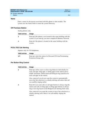 Page 936DEFINITY ECS Release 8.2
Administrator’s Guide  555-233-506  Issue 1.1
June 2000
Screen reference 
912 Station 
17
Name
Enter a name for the person associated with this phone or data module. The 
system uses the Name field to create the system Directory.
Off Premises Station
Analog phones only. 
PCOL/TEG Call Alerting
Appears only for 510 telephones.
Per Button Ring Control
Valid entries Usage
y
Enter y if this phone is not located in the same building with the 
system. If you enter 
y, you must complete...