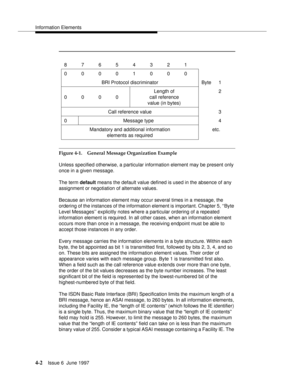 Page 108Information Elements
4-2Issue 6  June 1997 
Figure 4-1. General Message Organization Example
Unless specified otherwise, a particular information element may be present only 
once in a given message.
The term default means the default value defined is used in the absence of any 
assignment or negotiation of alternate values.
Because an information element may occur several times in a message, the 
ordering of the instances of the information element is important. Chapter 5, ‘‘Byte 
Level Messages’’...