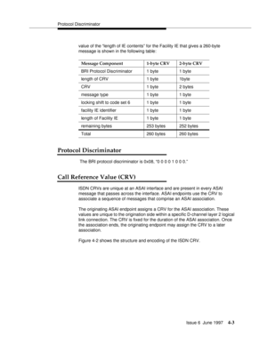 Page 109Protocol Discriminator
Issue 6  June 1997
4-3
value of the “length of IE contents” for the Facility IE that gives a 260-byte 
message is shown in the following table:
Protocol Discriminator
 The BRI protocol discriminator is 0x08, “0 0 0 0 1 0 0 0.”
Call Reference Value (CRV)
ISDN CRVs are unique at an ASAI interface and are present in every ASAI 
message that passes across the interface. ASAI endpoints use the CRV to 
associate a sequence of messages that comprise an ASAI association.
The originating...