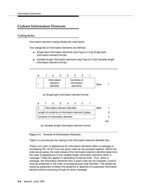 Page 112Information Elements
4-6Issue 6  June 1997 
Codeset Information Elements
Coding Rules
Information element coding follows the rules below.
Two categories of information elements are defined:
nSingle-byte information elements (see Figure 4-3 [a] Single-byte 
information element format)
nVariable length information elements (see Figure 4-3 [b] Variable length 
information element format)
Figure 4-3. Formats of Information Elements
Table 4-3 summarizes the coding of the information element identifier bits....