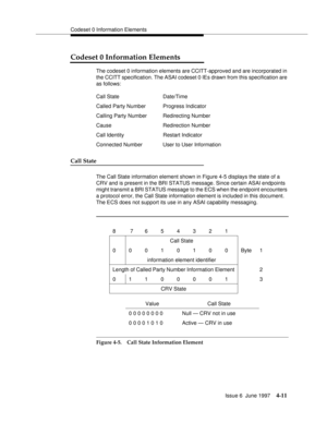 Page 117Codeset 0 Information Elements
Issue 6  June 1997
4-11
Codeset 0 Information Elements
The codeset 0 information elements are CCITT-approved and are incorporated in 
the CCITT specification. The ASAI codeset 0 IEs drawn from this specification are 
as follows:
Call State
The Call State information element shown in Figure 4-5 displays the state of a 
CRV and is present in the BRI STATUS message. Since certain ASAI endpoints 
might transmit a BRI STATUS message to the ECS when the endpoint encounters 
a...