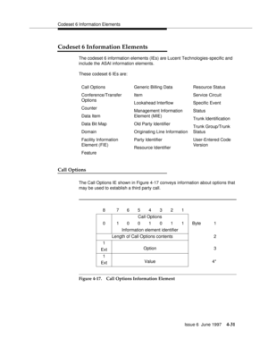 Page 137Codeset 6 Information Elements
Issue 6  June 1997
4-31
Codeset 6 Information Elements
The codeset 6 information elements (IEs) are Lucent Technologies-specific and 
include the ASAI information elements.
These codeset 6 IEs are:
Call Options
The Call Options IE shown in Figure 4-17 conveys information about options that 
may be used to establish a third party call.
Figure 4-17. Call Options Information ElementCall Options
Conference/Transfer 
Options
Counter
Data Item
Data Bit Map
Domain
Facility...