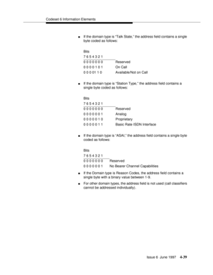 Page 145Codeset 6 Information Elements
Issue 6  June 1997
4-39
nIf the domain type is “Talk State,” the address field contains a single 
byte coded as follows:
nIf the domain type is “Station Type,” the address field contains a 
single byte coded as follows:
nIf the domain type is “ASAI,” the address field contains a single byte 
coded as follows:
nIf the Domain type is Reason Codes, the address field contains a 
single byte with a binary value between 1-9.
nFor other domain types, the address field is not used...