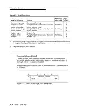 Page 150Information Elements
4-44Issue 6  June 1997 
Component/Content Length
Lengths up to 127 bytes are coded using the short form of Recommendation 
X.209: bit 8 is set to zero and the remaining seven bits are a binary encoding of 
the length with bit 1 the least significant bit.
This length encoding is identical to that of Recommendation Q.931 for lengths up 
to 127 bytes.
.
Figure 4-23. Format of the Length Field (Short Form)
1. The component length is coded to indicate the number of bytes contained in the...