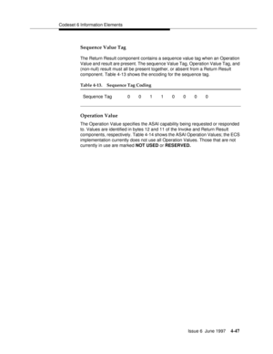 Page 153Codeset 6 Information Elements
Issue 6  June 1997
4-47
Sequence Value Tag
The Return Result component contains a sequence value tag when an Operation 
Value and result are present. The sequence Value Tag, Operation Value Tag, and 
(non-null) result must all be present together, or absent from a Return Result 
component. Table 4-13 shows the encoding for the sequence tag.
Operation Value
The Operation Value specifies the ASAI capability being requested or responded 
to. Values are identified in bytes 12...