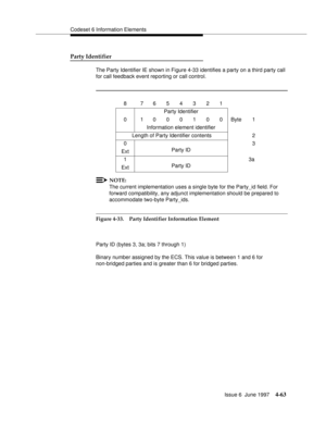 Page 169Codeset 6 Information Elements
Issue 6  June 1997
4-63
Party Identifier
The Party Identifier IE shown in Figure 4-33 identifies a party on a third party call 
for call feedback event reporting or call control.
NOTE:
The current implementation uses a single byte for the Party_id field. For 
forward compatibility, any adjunct implementation should be prepared to 
accommodate two-byte Party_ids.
Figure 4-33. Party Identifier Information Element
Party ID (bytes 3, 3a; bits 7 through 1)
Binary number assigned...