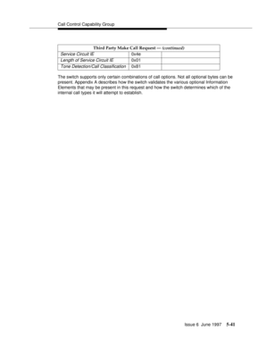 Page 225Call Control Capability Group
Issue 6  June 1997
5-41
The switch supports only certain combinations of call options. Not all optional bytes can be 
present. Appendix A describes how the switch validates the various optional Information 
Elements that may be present in this request and how the switch determines which of the 
internal call types it will attempt to establish.
Service Circuit IE0x4e
Length of Service Circuit IE0x01
Tone Detection/Call Classification0x81 Third Party Make Call Request —...
