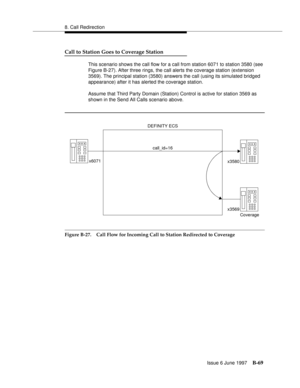 Page 4778. Call Redirection
Issue 6 June 1997
B-69
Call to Station Goes to Coverage Station
This scenario shows the call flow for a call from station 6071 to station 3580 (see 
Figure B-27). After three rings, the call alerts the coverage station (extension 
3569). The principal station (3580) answers the call (using its simulated bridged 
appearance) after it has alerted the coverage station.
Assume that Third Party Domain (Station) Control is active for station 3569 as 
shown in the Send All Calls scenario...