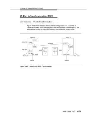 Page 54715. User to User Information (UUI)
Issue 6 June 1997
B-139
15. User to User Information (UUI)
User Scenarios — User to User Information
Figure B-49 shows a typical distributed call configuration. An ASAI host is 
connected to each of the switches and calls are delivered to either switch. The 
applications running on the ASAI hosts are not connected to each other.
Figure B-49. Distributed ACD Configuration
ISDN PRI
Non PRI
VRU Port1VDN11
VDN0
VDN2
VDN1
VRU Split1
ACD SplitAASAI ASAI
AdjunctASAI...