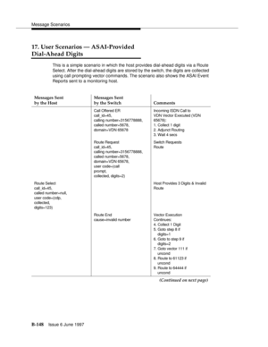 Page 556Message Scenarios
B-148Issue 6 June 1997 
17. User Scenarios — ASAI-Provided
Dial-Ahead Digits 
This is a simple scenario in which the host provides dial-ahead digits via a Route 
Select. After the dial-ahead digits are stored by the switch, the digits are collected 
using call prompting vector commands. The scenario also shows the ASAI Event 
Reports sent to a monitoring host.
Messages Sent
by the HostMessages Sent
by the Switch Comments
Call Offered ER
call_id=45,
calling number=3156778888, 
called...