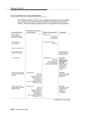Page 572Message Scenarios
B-164Issue 6 June 1997 
User-Classified Call, Charge Information
The following scenario involves a user-classified call placed over a trunk facility 
that connects to a European Telecommunications Standards Institute (ETSI) 
network. The ETSI network provides Advice of Charge (AOC-D) during the call.
Action/OperationNotification Association
(Trunk Group) Make Call Association Comments
Adjunct initiates 
user-classified call to 
German ETSI network.3P Make_Call             dest_addr A1...