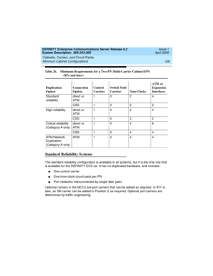 Page 118Cabinets, Carriers, and Circuit Packs 
108 Minimum Cabinet Configurations 
DEFINITY Enterprise Communications Server Release 8.2
System Description  555-233-200  Issue 1
April 2000
Standard Reliability Systems
The standard reliability configuration is available in all systems, but it is the only one that 
is available for the DEFINITY ECS csi. It has no duplicated hardware, and includes: 
nOne control carrier
nOne tone-clock circuit pack per PN
nPort networks interconnected by single fiber pairs
Optional...